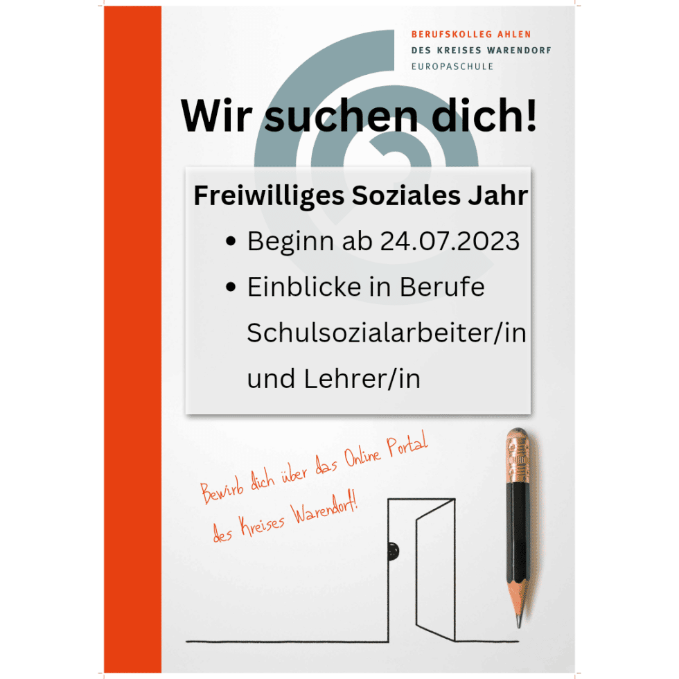 Wir suchen dich! Freiwilliges Soziales Jahr (FSJ) am Berufskolleg Ahlen des Kreises Warendorf Europaschule [m/w/d]