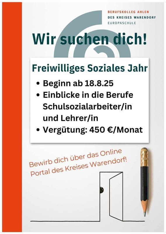 Wir suchen dich: Freiwilliges Soziales Jahr (FSJ) am Berufskolleg Ahlen des Kreises Warendorf Europaschule [m/w/d]