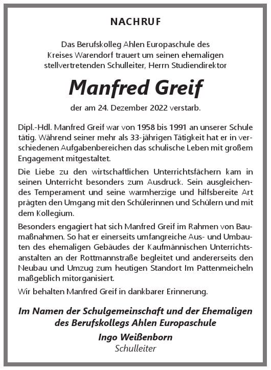 Trauer um Manfred Greif