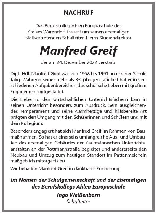 Nachruf Manfred Greif Nachruf Manfred Greif
